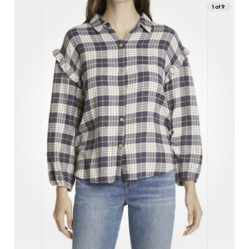 Rails Willow Almond Pink Navy Flannel Button Down Shirt Top Women’s Size Small